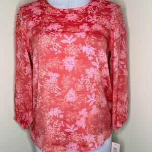 Nanette Lepore Top XS Women Pink Floral Pleated Keyhole 3/4 Sleeve Feminine Chic